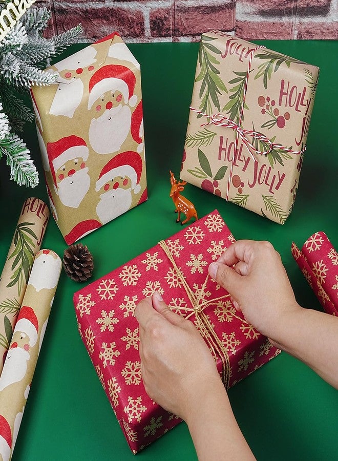 KESTAR Kraft Christmas Wrapping Paper Rolls, Mini Roll - 3 Rolls Red and Brown Xmas Wrapping Paper, Santa Claus, Snowflakes and Holly Jolly Design Gift Wrap Paper for Christmas New Year Holiday Party, 17 x 120 inch Each Roll - Image 3